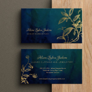 Luxury dark navy elegant faux gold foil foliage business card