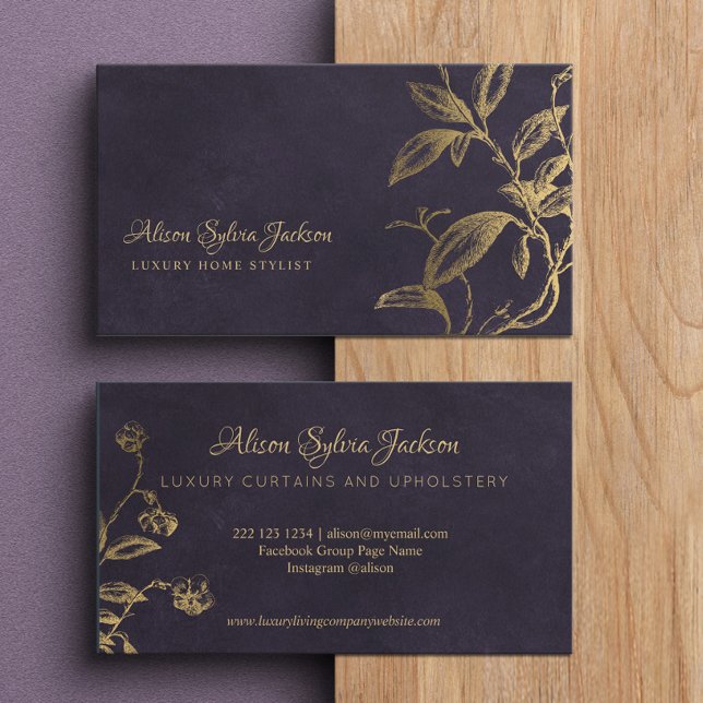 Luxury dark purple elegant faux gold foil foliage business card (Creator Uploaded)