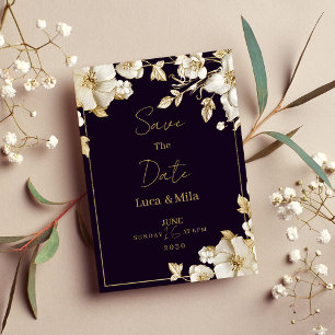 Luxury dark purple white gold floral Save the Date Invitation