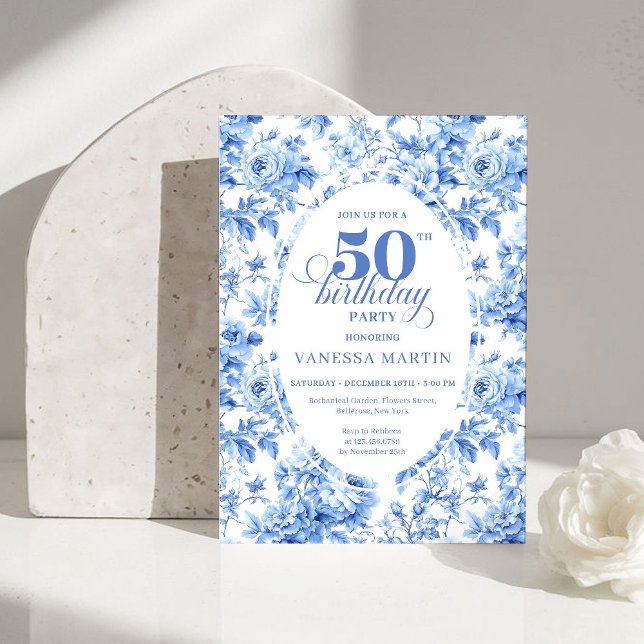 Luxury Deep Blue Toile Roses 50th Birthday Invite (Luxury Deep Blue Toile Roses 50th Birthday Invitation)
