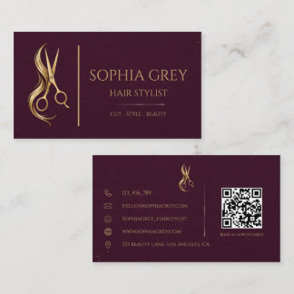 Luxury Deep Plum And Champagne Hair Stylist Business Card