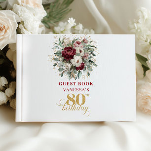 Luxury Deep Red Floral 80th Birthday Guest Book