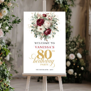 Luxury Deep Red Floral 80th Birthday Welcome Sign