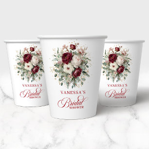 Luxury Deep Red Floral Gold Bridal Shower Paper Cups