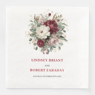 Luxury Deep Red Flowers Gold Wedding Napkins