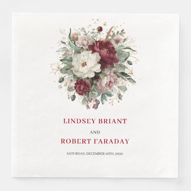 Luxury Deep Red Flowers Gold Wedding Napkins (Front)