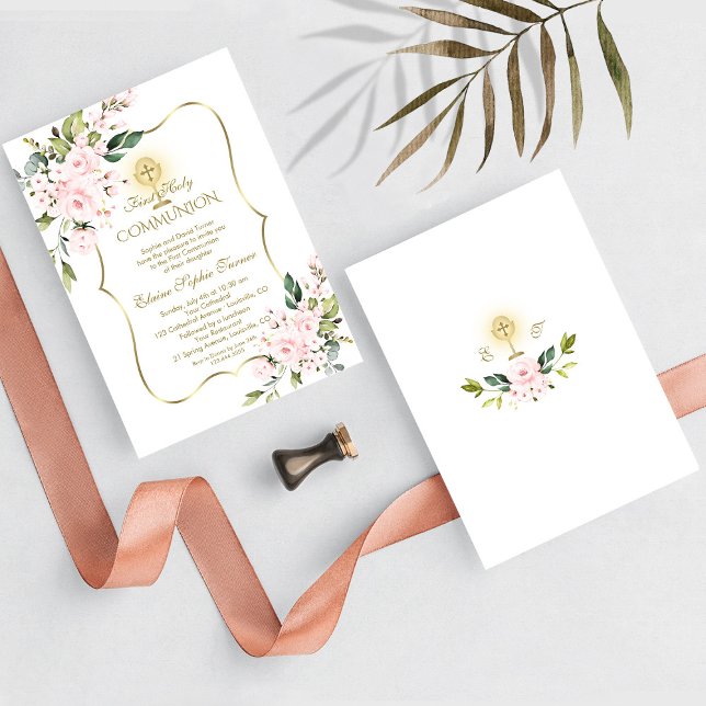 Luxury Delicate Blush Floral Gold Holy Communion Invitation (Creator Uploaded)