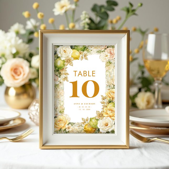 Luxury Delicate Mediterranean Lemons & Flowers  Table Number (Luxury Delicate Mediterranean Lemons & Flowers Frame Table Number Cards with Digital Glitter Effect.)
