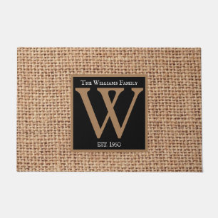 Luxury Design family name burlap black border Doormat