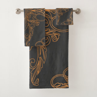 Luxury design, floral pattern, dark grey, copper bath towel set