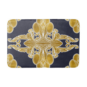 Luxury design, floral pattern, navy blue, gold bath mat
