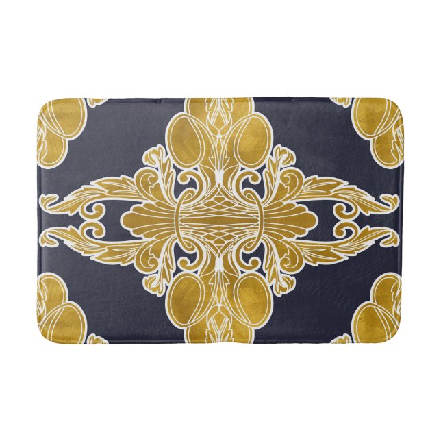 Luxury design, floral pattern, navy blue, gold bath mat (Front)