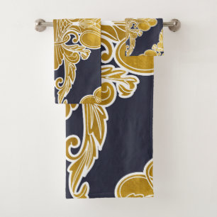 Luxury design, floral pattern, navy blue, gold bath towel set