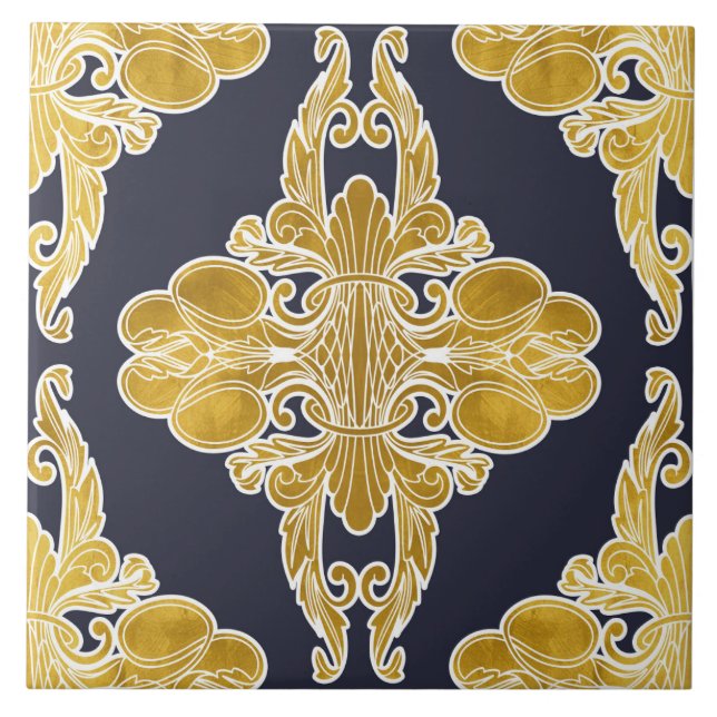 Luxury design, floral pattern, navy blue, gold ceramic tile (Front)