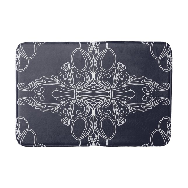Luxury design, floral pattern, navy blue, white bath mat (Front)