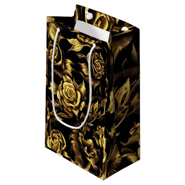 luxury design with golden roses on a black small gift bag (Front Angled)