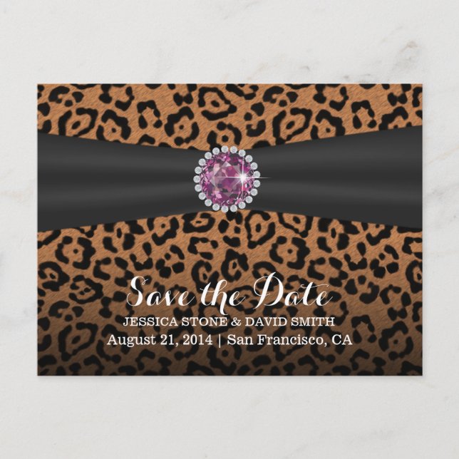 Luxury Diamond Gems Leopard Print Save the Date Announcement Postcard (Front)
