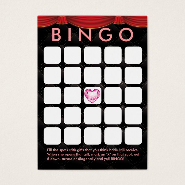 Luxury Diamond Heart Bridal Shower 5x5 Bingo Card (Front)
