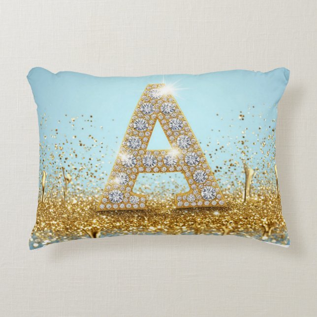Luxury Diamond Letter A on Gold Glitter Background Decorative Cushion (Front)