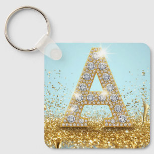Luxury Diamond Letter A on Gold Glitter Background Key Ring