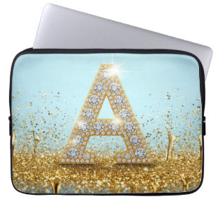 Luxury Diamond Letter A on Gold Glitter Background Laptop Sleeve