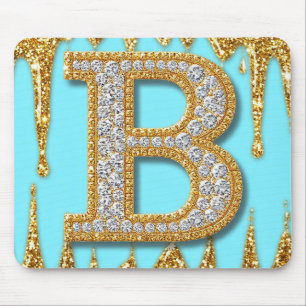 Luxury Diamond Letter B on Gold Glitter Background Mouse Pad