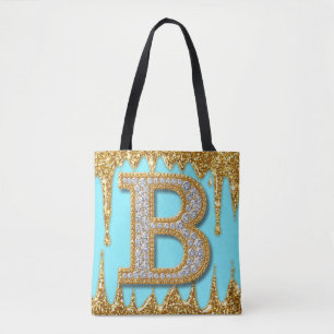 Luxury Diamond Letter B on Gold Glitter Background Tote Bag
