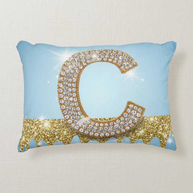 Luxury Diamond Letter C on Gold Glitter Background Decorative Cushion (Front)
