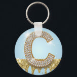 Luxury Diamond Letter C on Gold Glitter Background Key Ring<br><div class="desc">A glamorous diamond-encrusted letter set against a sparkling gold glitter background with blue accents and dripping paint,  conveying luxury,  celebration,  elegance and high-end fashion design.</div>