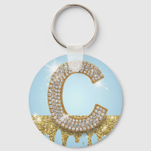 Luxury Diamond Letter C on Gold Glitter Background Key Ring