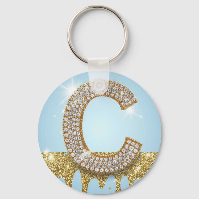 Luxury Diamond Letter C on Gold Glitter Background Key Ring (Front)