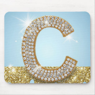 Luxury Diamond Letter C on Gold Glitter Background Mouse Pad