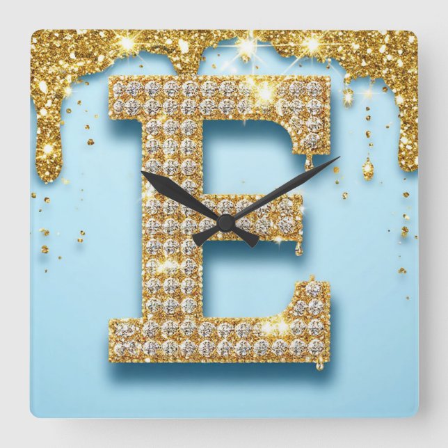Luxury Diamond Letter E on Gold Glitter Background Square Wall Clock (Front)