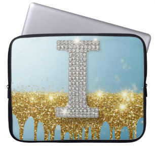 Luxury Diamond Letter I on Gold Glitter Background Laptop Sleeve
