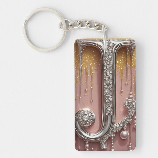Luxury Diamond Letter J Monogram With Gold Drips Key Ring (Front)