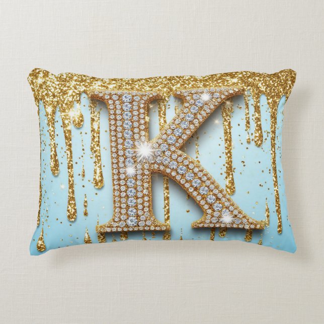 Luxury Diamond Letter K on Gold Glitter Background Decorative Cushion (Front)