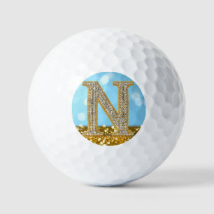 Luxury Diamond Letter N on Gold Glitter Background Golf Balls
