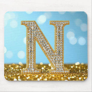 Luxury Diamond Letter N on Gold Glitter Background Mouse Pad