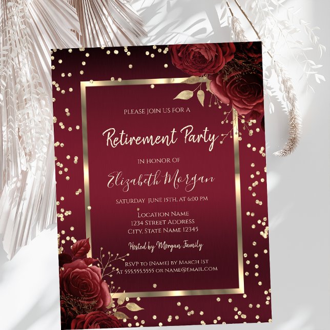 Luxury Diamonds Dark Red Roses Retirement Invitation (Creator Uploaded)