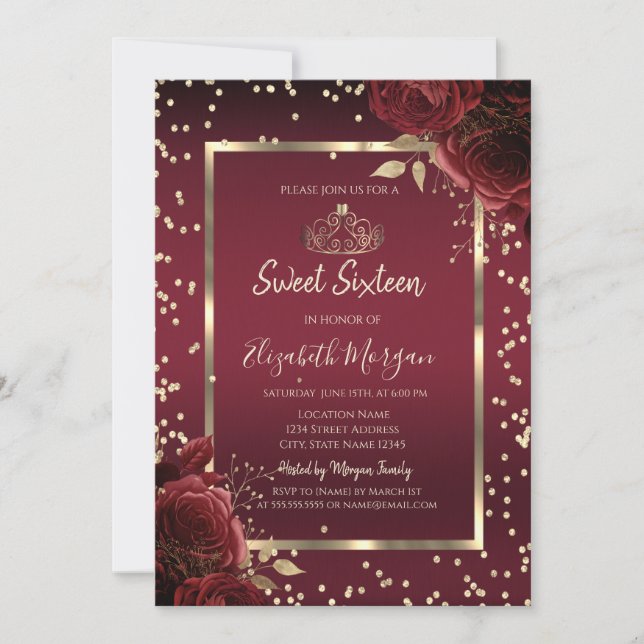 Luxury Diamonds Dark Red Roses Sweet Sixteen Invitation (Front)