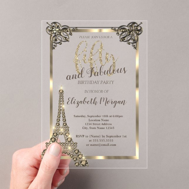 Luxury Diamonds Eiffel Tower,Border 50th Birthday  Acrylic Invitations (Insitu (Handheld))