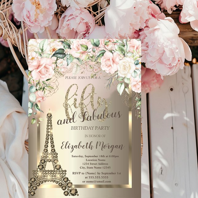 Luxury Diamonds Eiffel Tower,Border Roses 50th  Invitation (Creator Uploaded)