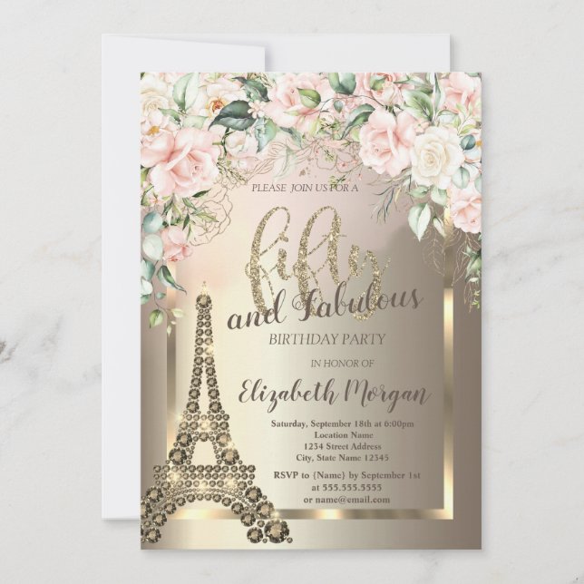 Luxury Diamonds Eiffel Tower,Border Roses 50th  Invitation (Front)