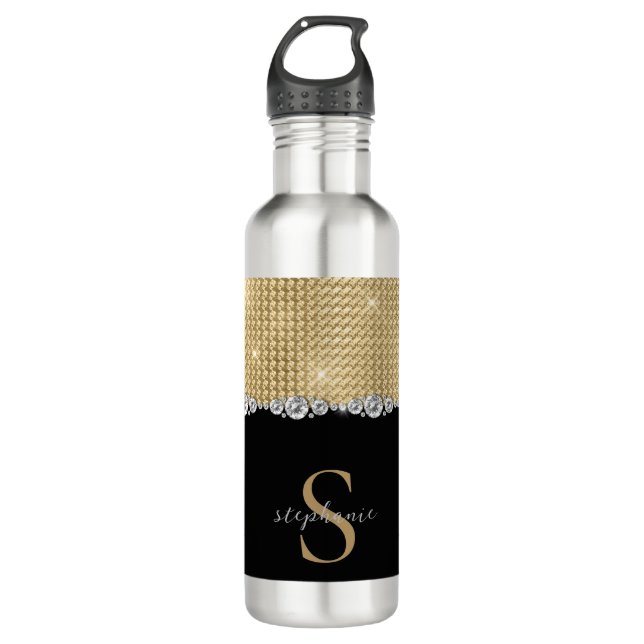 Luxury Diamonds Gold Black Monogram 710 Ml Water Bottle (Front)