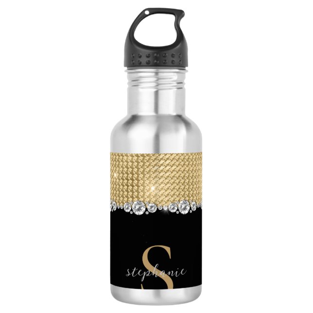 Luxury Diamonds Gold Black Monogram 710 Ml Water Bottle (Front)