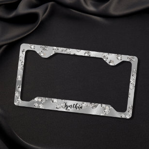 luxury diamonds silver background glittering girly licence plate frame