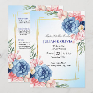 Luxury Dusty Blue and Blush Pink Wedding Invitation