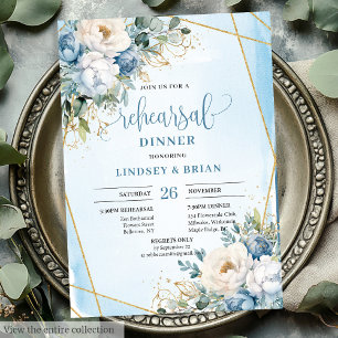 Luxury Dusty Blue Floral Gold Rehearsal Invitation