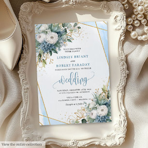 Luxury Dusty Blue Gold Flowers Wedding Invitation