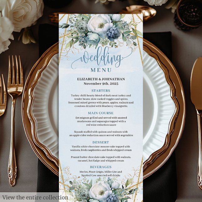 Luxury Dusty Blue Gold Greenery Floral Wedding  Menu (Luxury Dusty Blue Gold Greenery Floral Wedding Menu)